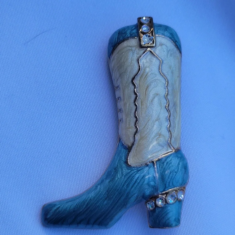 Vintage Blue Enamel Western Cowboy Hat and Boot Brooch Pin Set